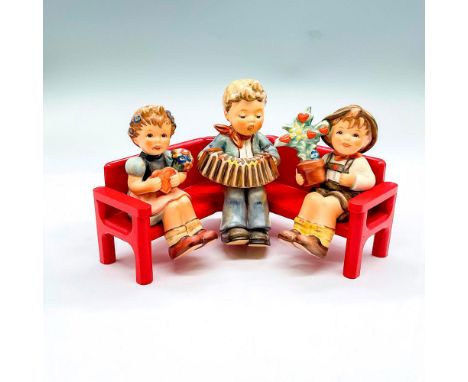 Includes 3 hand painted seated figurines. Boy with brown cap is First Issue 1998 Love In Bloom, Goebel Germany backstamp. Boy