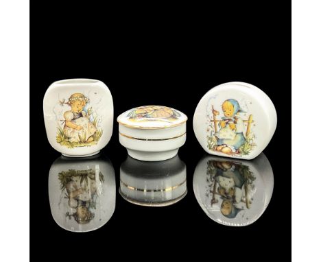 Three decorative porcelain pieces featuring pleasant images of provincial children. Lily of the Valley vase 3.5"L x 2"W x 4"H