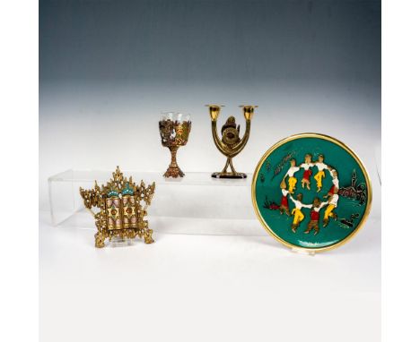 Great set of a wall decor plate, a shabbat candleholder, a Sabbath wine goblet, and an enamel Torah tablet with the Ten Comma