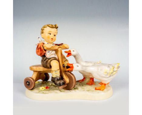 Hand painted in matte and glossy finish. Depicts a young boy riding his bike while two geese attack him. Goebel backstamp. Di