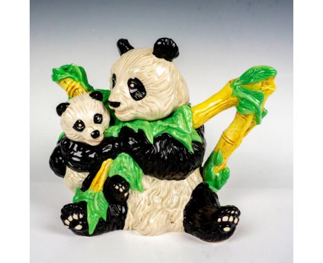 Earthenware figural teapot depicting an adorable panda mother and cub snacking on a bamboo stick with the lid being the head 