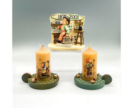 Two whimsical Anri wood bird candle holders 5"L x 4"W x 1.25"H with two Hummel wax candles 4.75"H x 2" dia. Goebel 130th Anni