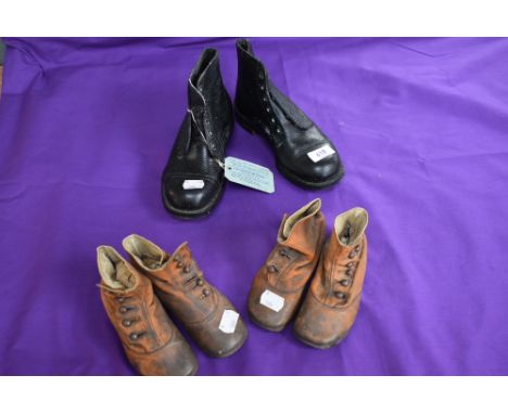 Three pairs of antique and vintage childrens shoes and boots.boots unused and still having original C.W.S footwear label.