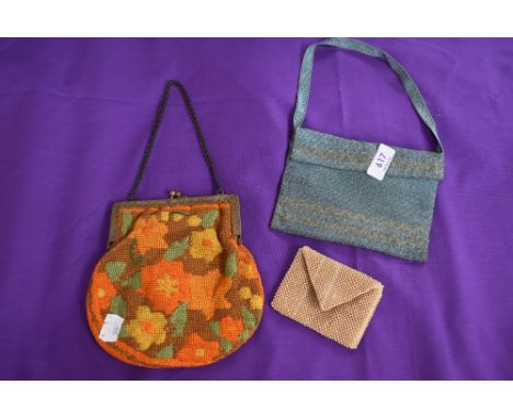 Two vintage evening bags, one having colourful embroidery with clasp frame,and the other in a blue fine metal bead like finis