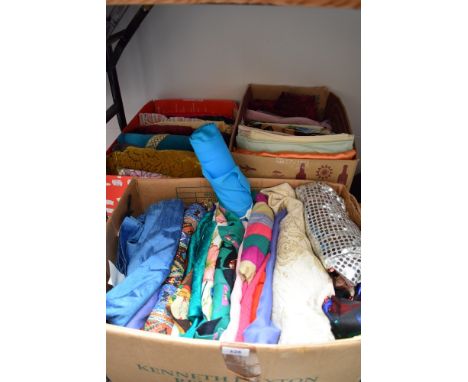 Three mixed boxes of vintage and retro fabric,a real assortment of types and colours, including patterned pieces, net, cotton