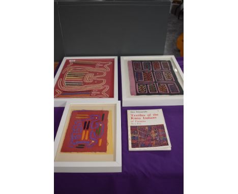 Three vintage framed embroidered Mola samples, also included is a book, Textiles of the Kuna Indians.