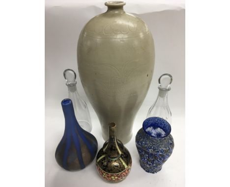 An art glass vase in blue and silver, possibly Italian, a ceramic vase of baluster form, approx 40.5cm and other glass and ce