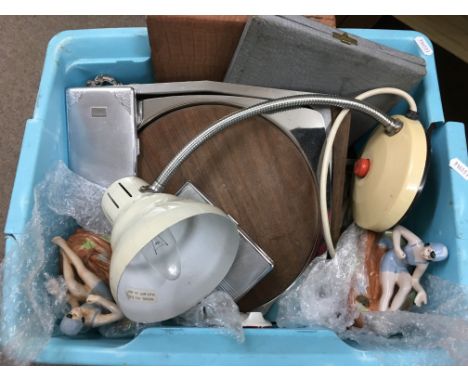 A box of odds including an angle poise lamp, ceramic bathing beauties, chrome cigarette cases etc.