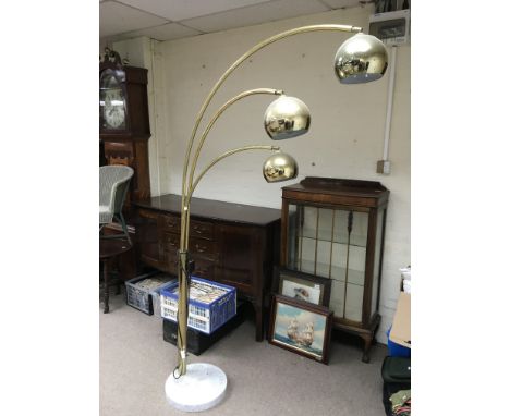 A large modern three arm brass floor lamp, approx height 200cm.