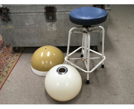 A vintage metal framed stool plus two 1970's graduating, plastic dome shaped ceiling lamp shades. Approximately 32 and 44cm d