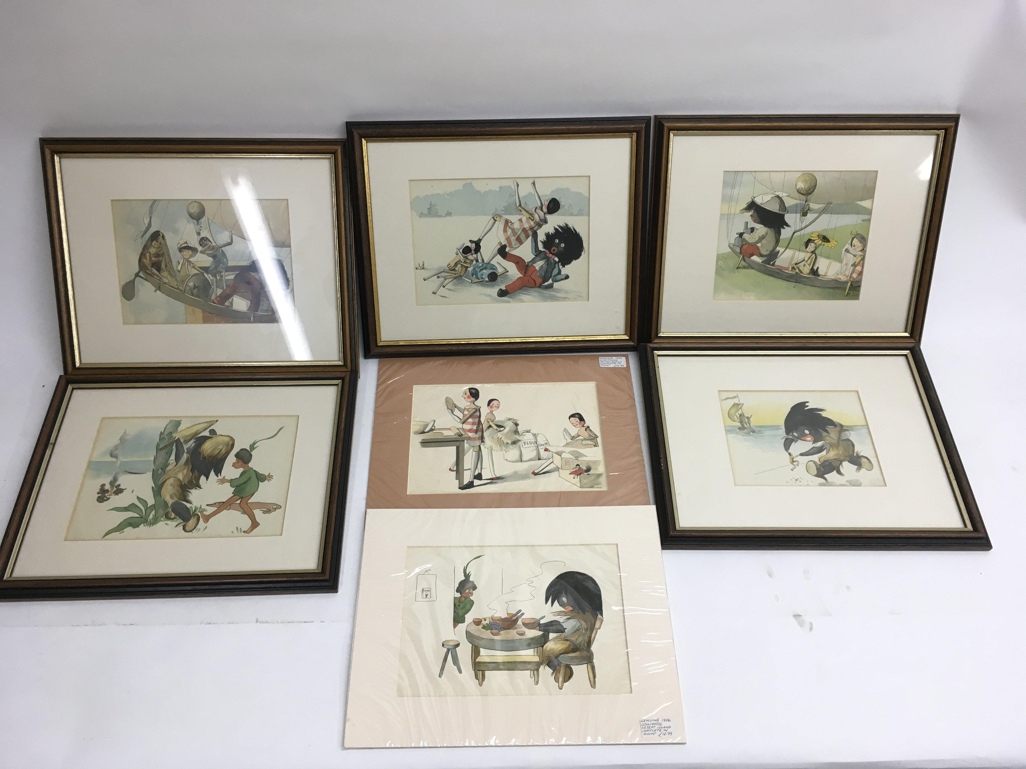 Five framed and two mounted, Florence Upton prints of gollies and peg dolls