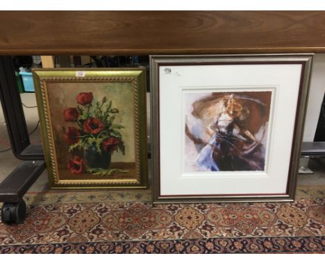 A collection of 5 paintings and prints depicting flowers, landscapes, boats and the portrait of a dancer.