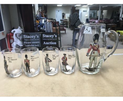 Four glasses and a jug handpainted depicting different soldiers from different dates such as A Fusilier 1830, Grenadier Offic