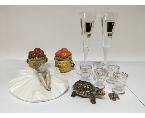 A small collection of ceramics and glass including two Klimt design champagne flutes, a Nao figure of a ballerina etc.