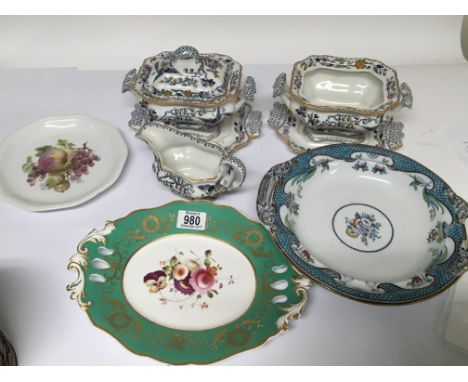 A collection of decorative ceramics including a Victorian hand painted porcelain plate, ceramic tureens etc,