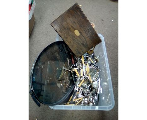 A silver plated tray and quantity of flatware