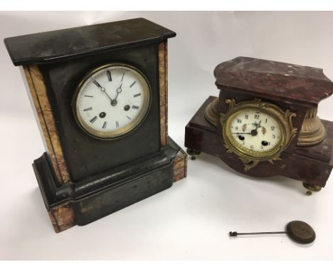 An 8 day slate mantle clock and a French marble mantle clock (2).