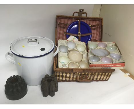 Two copper jelly mounds, an enamel bread bin and picnic hamper