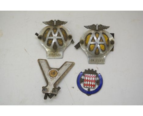 Four car badges including two AA badges and an enamel Monace, Monte Carlo car badge.