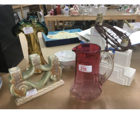 An Art Deco white glazed table lamp, Beswick candlestick, cranberry jug, art glass vase and a ceramic chicken mould