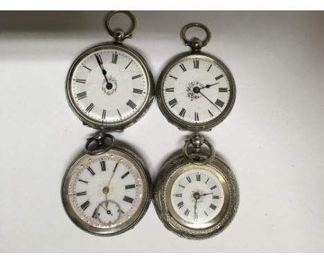 An Collection of four silver case fob watches the enamel dial with Roman numerals