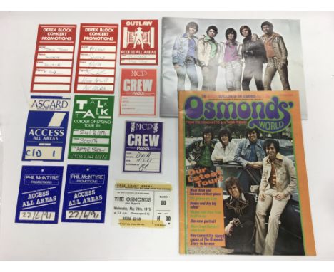 A collection of original back stage crew passes (various artists) plus a collection of Osmond's memorabilia including gig tic