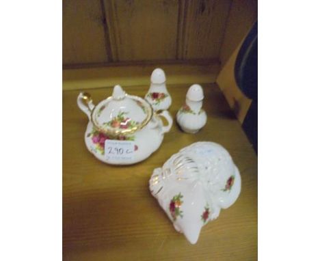 Four pieces of Royal Albert Old Country Roses including sugar bowl and cat hat pin stand.