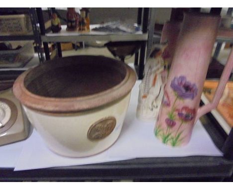 A pair of pink floral Radford cylindrical jugs (1 a/f), a Staffordshire figure and a large Planter.