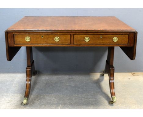 19th Century mahogany ebony strung and cross banded sofa table with two drawers on twin end supports to splayed legs with bra