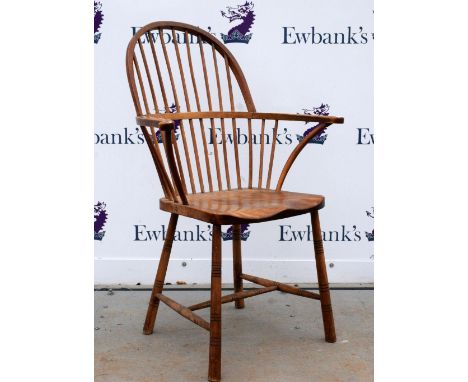 18th century style elm Windsor chair .     Cracked back arch and some small holes in same.Split arm terminals.Finish worn off