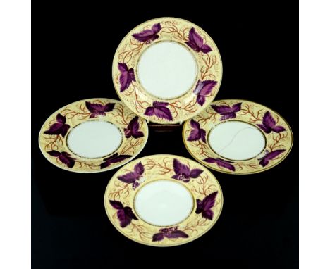 Worcester, Flight Barr &amp; Barr, four plates decorated with vines and purple leaves, gilt banded rims, impressed marks to b