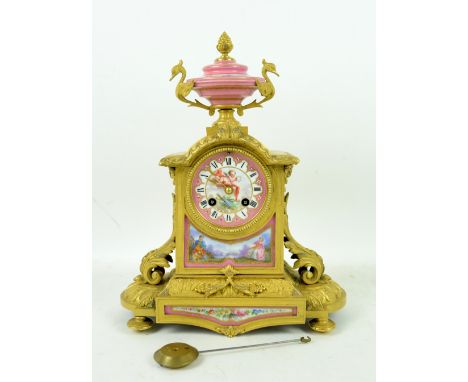 19th Century French gilt metal and porcelain inset twin train mantel clock, panels decorated with figures and cherubs - 36 x 