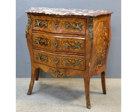 Early 20th century marble topped rosewood marquetry inlaid   three drawer commode on splayed legs with gilt metal mounts, 90c