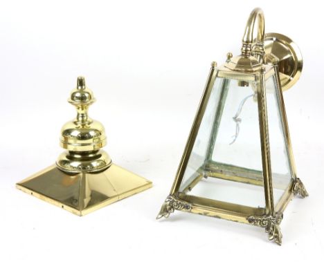 20th century brass and four glass exterior wall lantern with scroll arm and foliate decoration, 65cm high,  .          Please