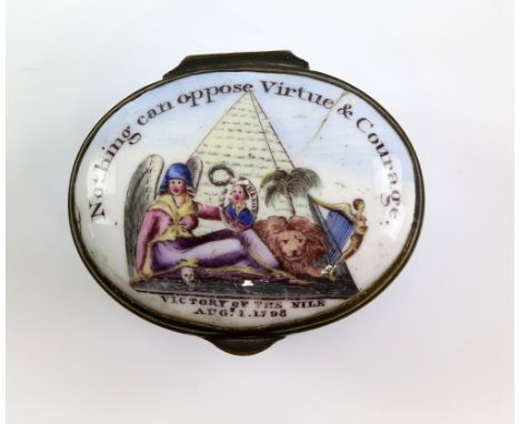 Bilston enamel patch box the light blue base with white cover  Nothing can oppose Virtue &amp; Courage Victory of the Nile Au