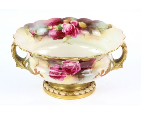 Royal Worcester twin handled vase painted with roses, signed C.V. White, highlighted in gilt on round foot, factory marks for