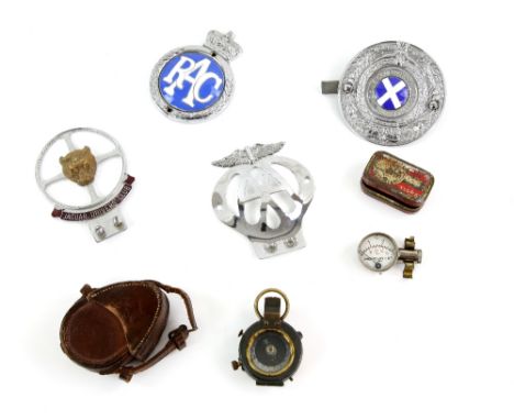 Four bumper badges to include RAC enamel badge, AA chrome badge, Jaguar Drivers Club and Royal Scottish automobile club, a WW