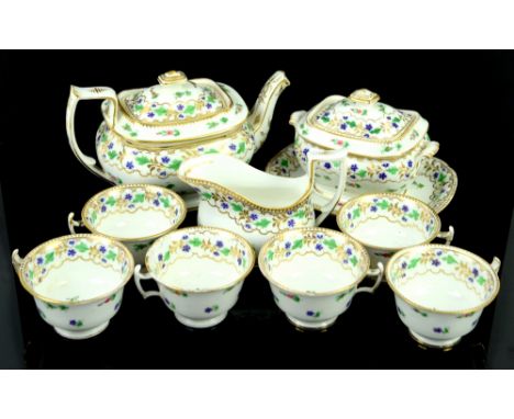 Coalport early 19th century tea service decorated with flowers and highlighted in gilt, comprising teapot on stand, sucrier, 