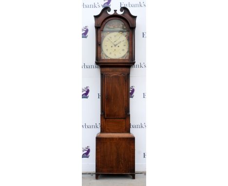 19th century mahogany longcase clock, the painted and foiled face with English and French warships and four Naval commanders 