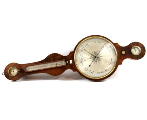 19th century mahogany banjo form barometer by V lanclli of Manchester, 107cm..          Please see ewbanks.co.uk for conditio
