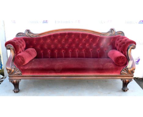 19th century mahogany framed sofa with carved top rail and arms, on cabriole legs with scroll feet, 205cm wide..          Ple