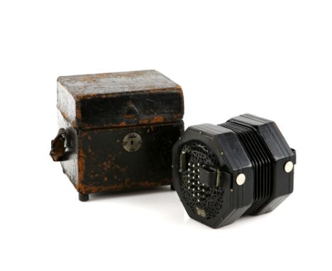 C. Wheatstone 48-button concertina, octagonal with black ebonised sides, No. 31153, 16.5cm wide, in black leather case,.     