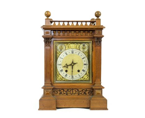 Early 20th century oak twin-train mantel clock, with silvered chapter ring, brass dial, with subsidiary chime/silent dial and