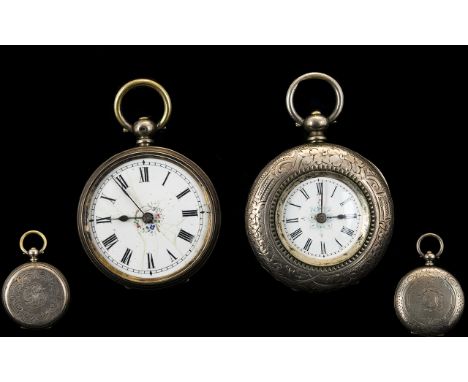 Two Ladies Open Faced Silver Fob Watches Each with white enamel dials and Roman numerals, each key-wind. Please see image