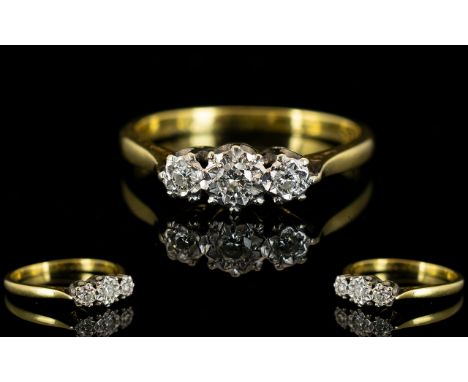 18ct Gold and Platinum 3 Stone Diamond Set Ring, Illusion Setting. Diamonds - Small but White. Ring Size M - N. 