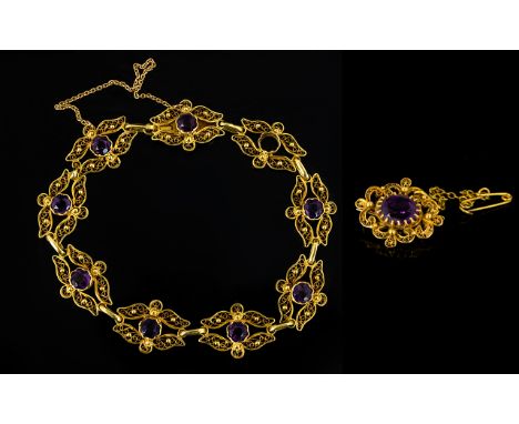 Antique 18ct Gold And Brazilian Amethyst Filigree Bracelet And Matching Brooch Finely formed filigree bracelet comprising eig
