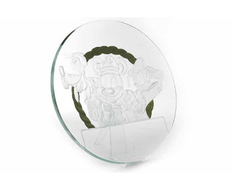 LIMITED EDITION WALT DISNEY CRUISES GLASS PRESENTATION PLAQUEof circular form, with etched and frosted design featuring Micke
