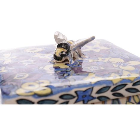 JESSIE M. KING EARTHENWARE SQUARE HONEY JARdesigned and painted by Jessie Marion King (1875-1949), painted in blue, purple an