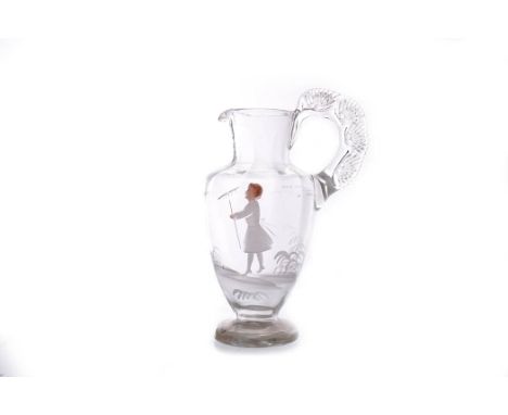 VICTORIAN WHITE ENAMELLED GLASS JUGof baluster form, the handle with fan-shaped moulding, the enamel scene with a child worki