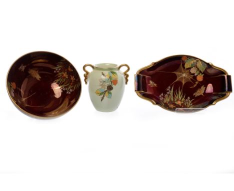 THREE CARLTON WARE COBWEB PATTERN PIECESeach with enamel spider, cobweb and floral decoration, decorated in enamel colours wi